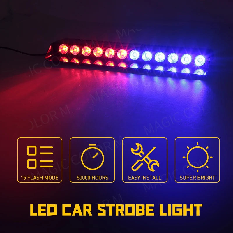 12 LED Car Strobe Lights Emergency Car Flash Parking Signal Warning Lamp Windshield Red/Blue/Yellow/White Waterproof 12V 12W