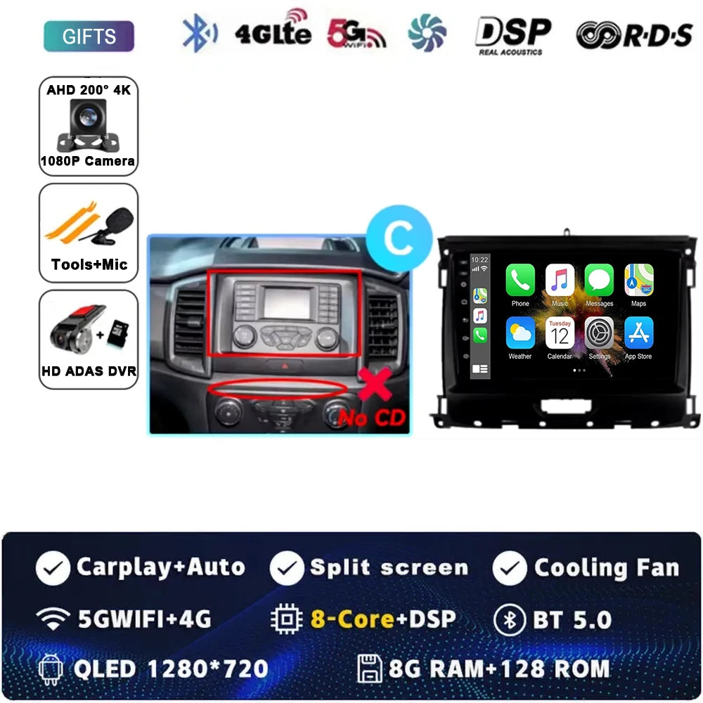 For Ford Ranger 2015 2016 2017 2018 2019-2022 Android 16 Car Radio Stereo QLED Screen GPS Multimedia Carplay Autoradio Head unit