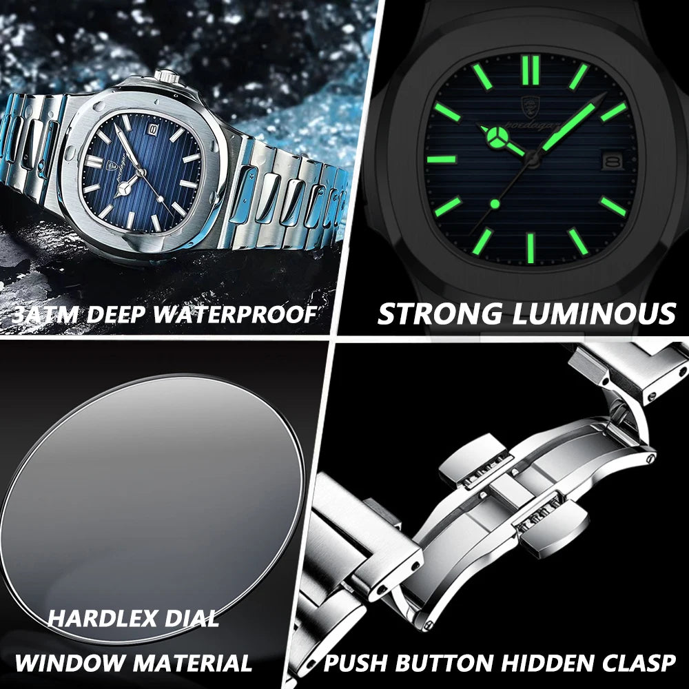 POEDAGAR Business Square Waterproof Luminous Stainless Steel Quartz Watches Men3