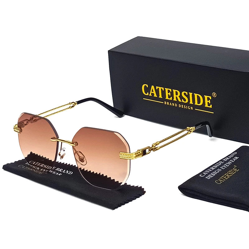 CATERSIDE Pilot Rimless Sunglasses Men Polygonal Metal Frame Women Sun Glasses Beach Shopping Gift Party Eyewear Summer Style