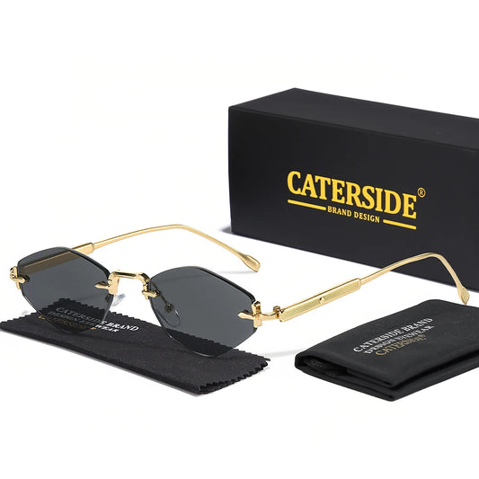 CATERSIDE Men Fashion Retro Rimless Hexagonal Sunglasses Luxury Metal Frame Women Summer Outdoor Beach UV400 Essential Eyewear