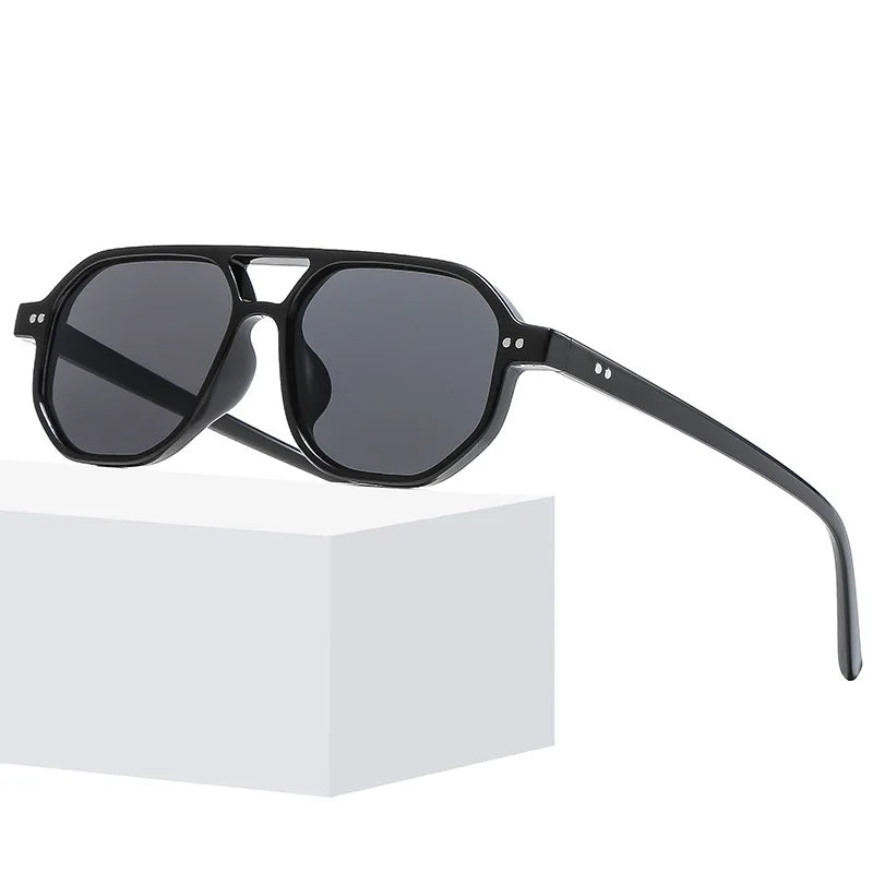 JNPCXI Vintage Double Bridges Polygon Square Men Sunglasses Fashion Green Ocean Lens Eyewear Women Rivets Sun Glasses UV400