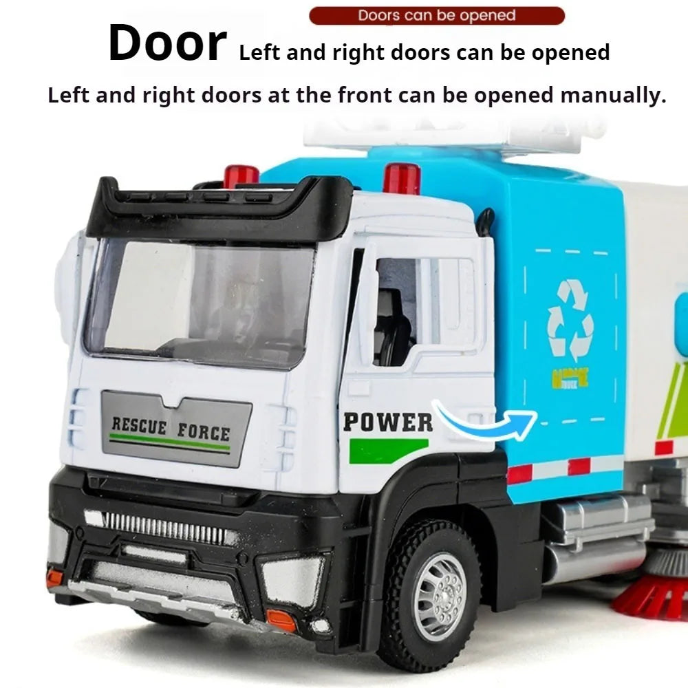 1:32 Vacuum Sweeper Vehicle Urban Anti Haze Truck Alloy Diecast Models Toys Car Rubber Tires Pull Back Vehices Gifts for Friends