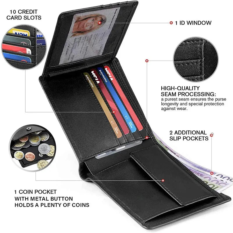 Minimalist Men Wallet with Zipper Coin Pocket RFID Credit Card Holder Tri-fold Multi-card Slot Document Holder Protective Cover