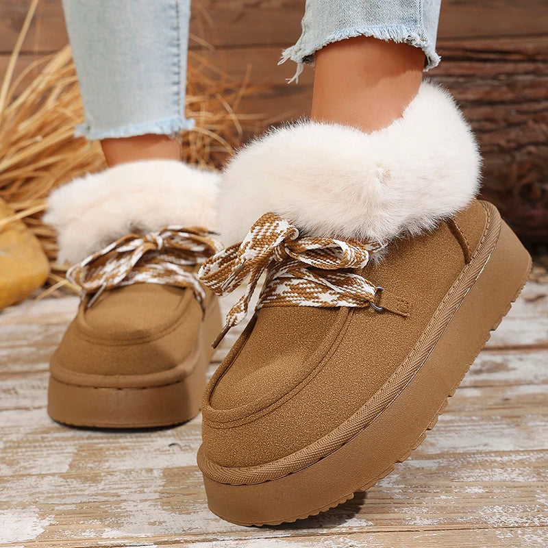 Faux Fur Thick Bottom Snow Boots Women Cross Lace Up Thicken Plush Warm Winter Boots Woman Slip On Platform Ankle Booties Mujer