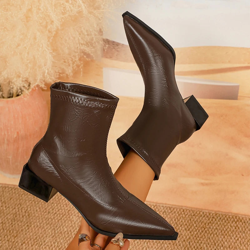 British Style Pointed Toe Ankle Boots for Women Fashion Thick Heels Pu Leather Boots Woman 2025 Slip On Short Booties Mujer