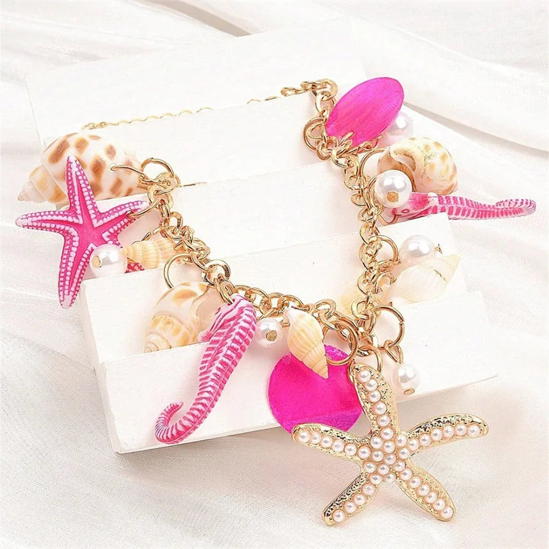 Exaggerated Big Starfish Conch Pendant Necklace Vacation Ocean Style Shell Pearl Choker Necklaces for Women Beach Party Jewelry