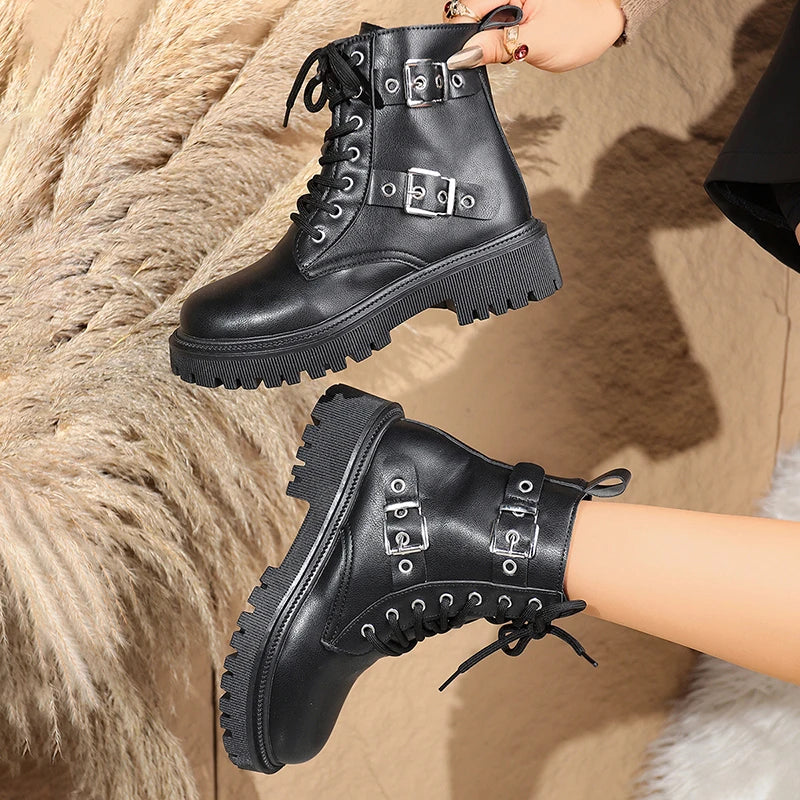 Fashion Buckle Lace Up Ankle Boots Women Autumn Winter Pu Leather Platform Boots Woman Chic Thick Sole Zipper Motorcycle Booties