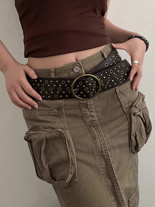The Waste Soil Wind N Style Retro Belt Woman 2024 New Style Rivet Wide Belt Collocation Jeans Decoration High-Grade Feeling