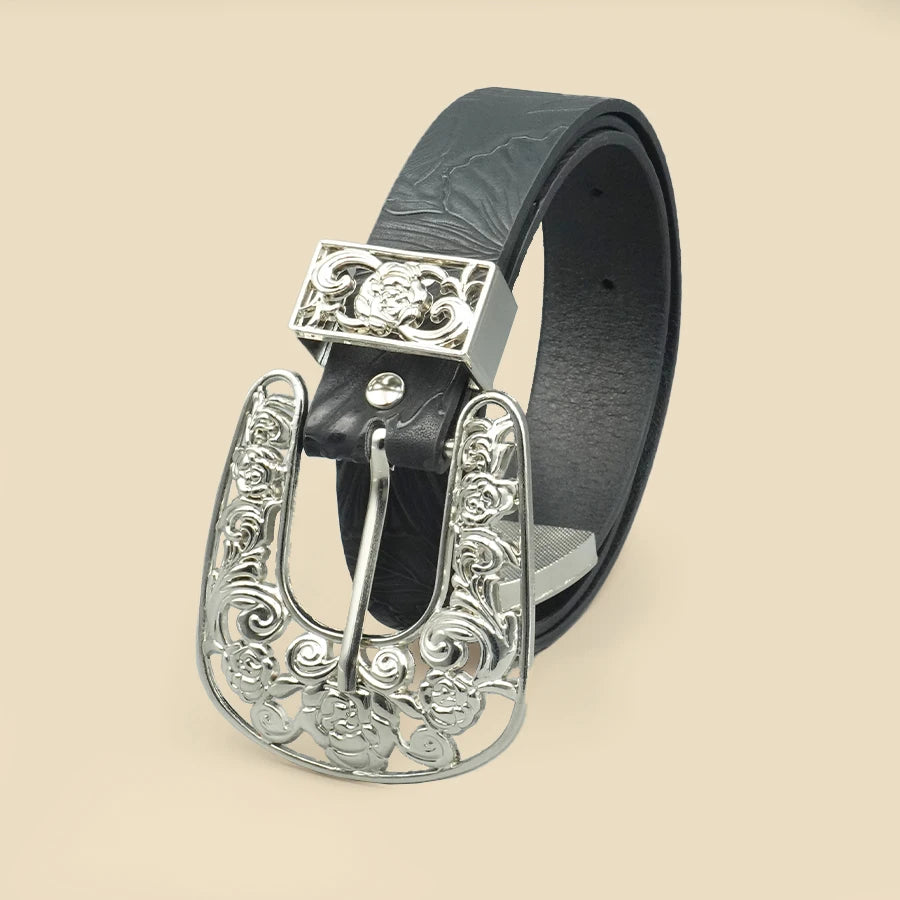 Black Retro Leaf Print Women's Belt Silver Hollow Carved Buckle Daily Commuting, Dating, Casual Accessories