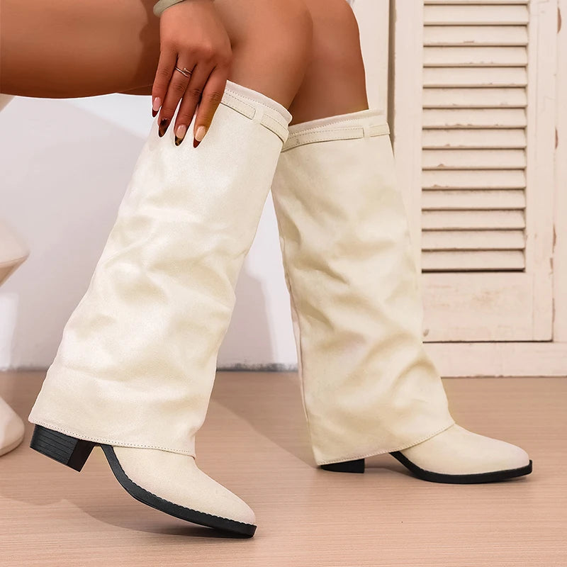Fashion Slip On High Heeled Knee High Boots Women Autumn Winter High Tube Rider Boots Woman Pointed Toe Thick Heel Long Botas