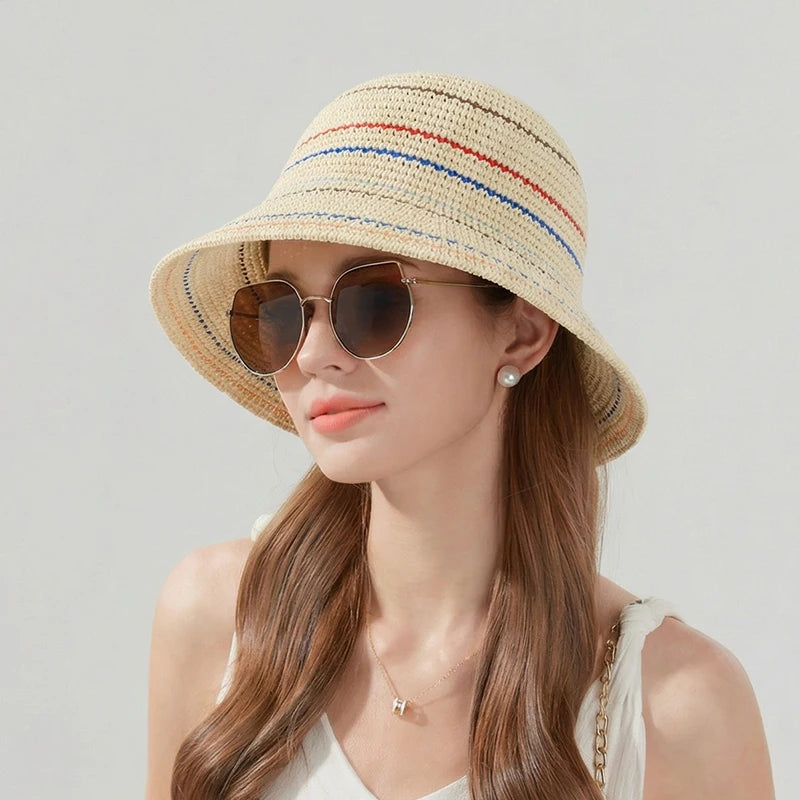 6162-Summer sun protection and shade hat with children's striped knitted mesh ventilation fisherman cap, versatileandsuitablefor