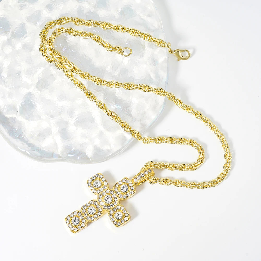 New Hip Hop Cross Pendant Necklace Strap Men 4mm Rhinestone Tennis Chain Iced Out Necklace Punk Jewelry Women Fashion Gift