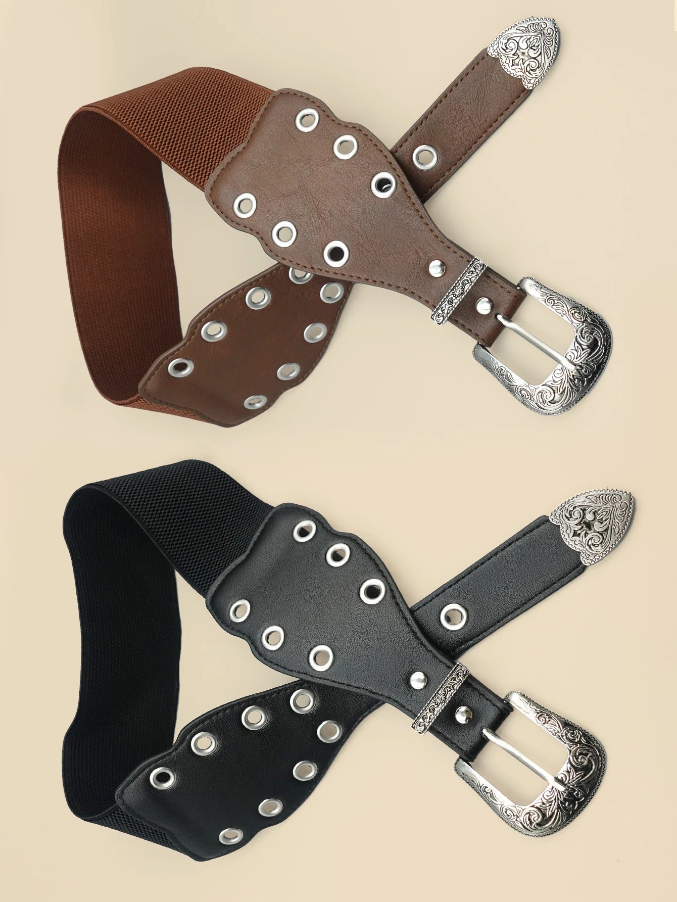 Y2K Style Eyelet Women's Patchwork Belt, Silver Carved Alloy Buckle, Personalized and Fashionable Women's Belt