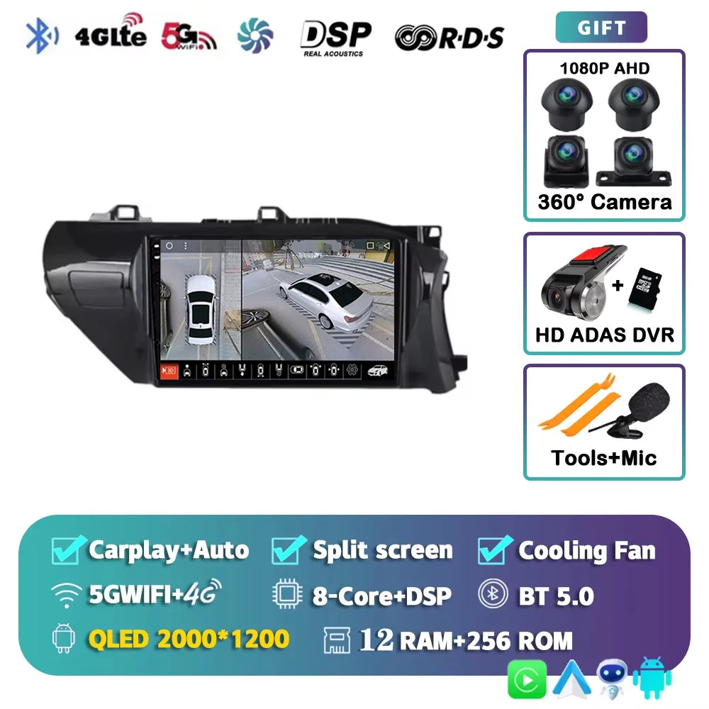 Car Radio For Toyota Hilux RHD 2015 2016 2017 2018 2020 2021 2023 Wireless Carplay Android Auto Multimedia Player Stereo WIFI 4G