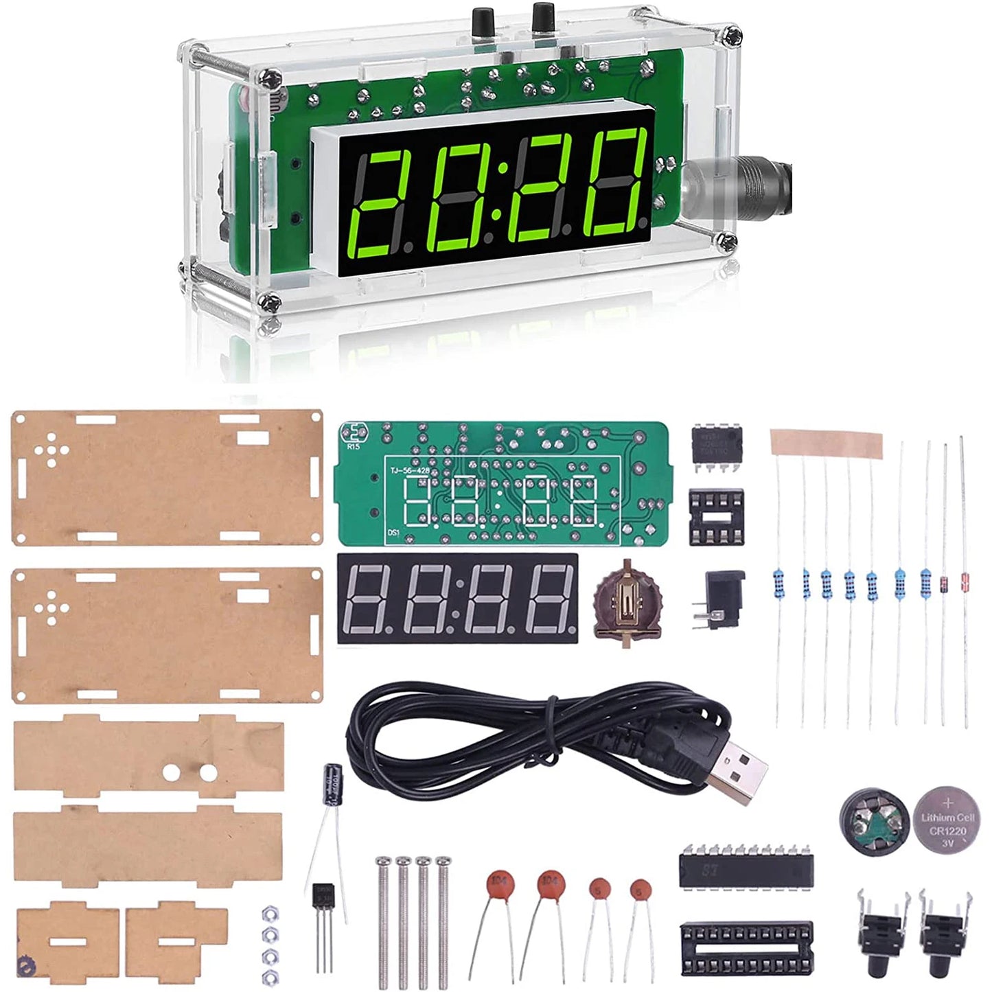 TJ-56-428 4-Digit Digital DIY Clock Kit with Acrylic Shell Alarm Clock Soldering Practice Electronics Learning Kit