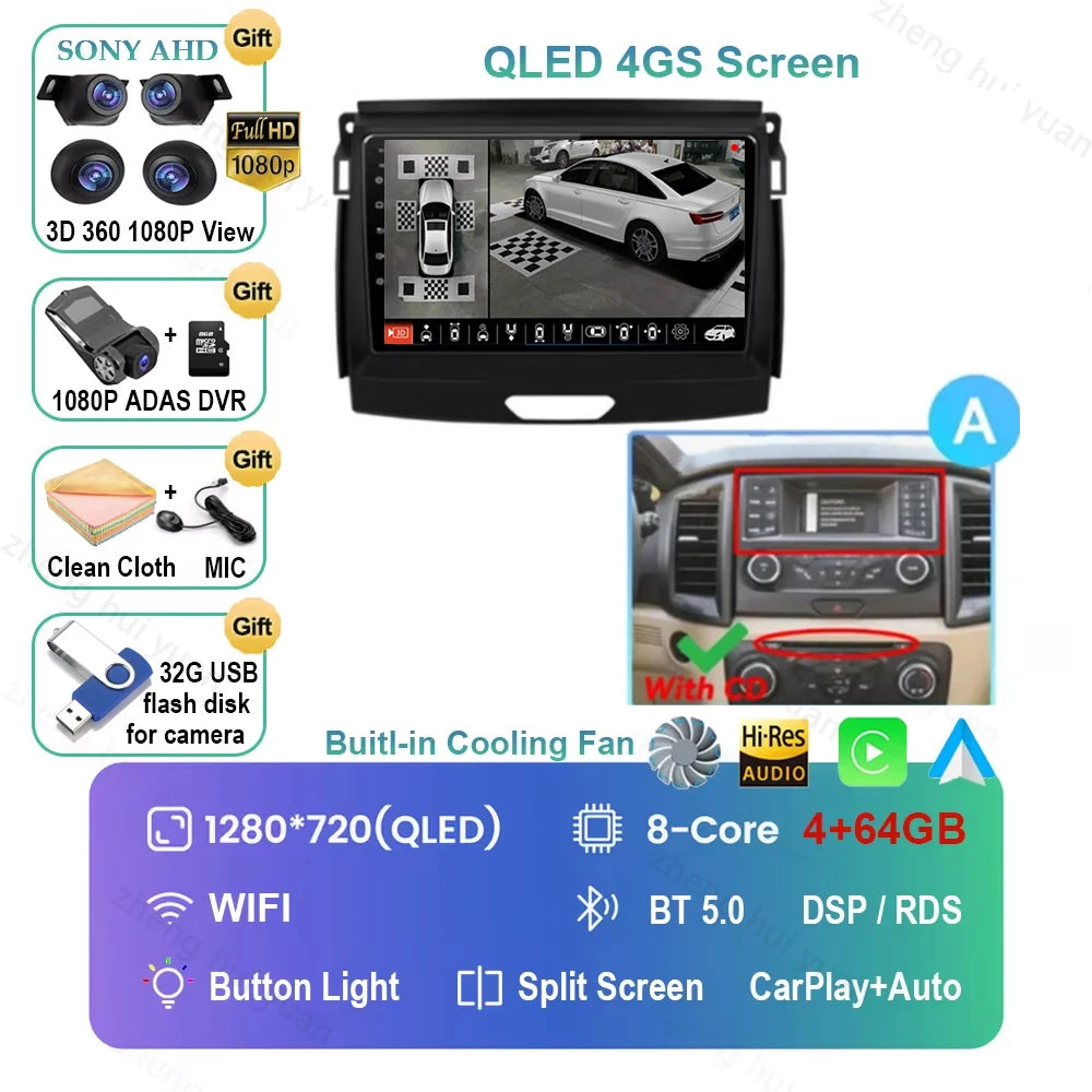 Android 16 CarPlay Auto For Ford Ranger 2015 - 2022 Car Radio Multimedia navigation video DVD Autoradio Stereo 2din 4G