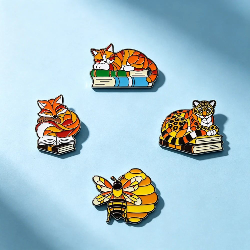 4pcs Cute Fox Enamel Pin Book Brooches Lapel Pins Cartoon Badge on Backpack Clothing Accessories Animal Jewelry Friends Gifts