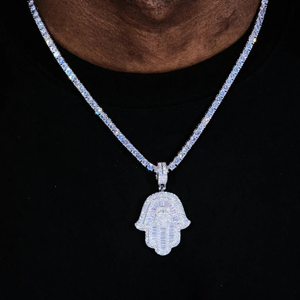 Micro Iced Out Baguette Hamsa Hand Pendant w/ 24" Tennis/Rope Chain Necklaces