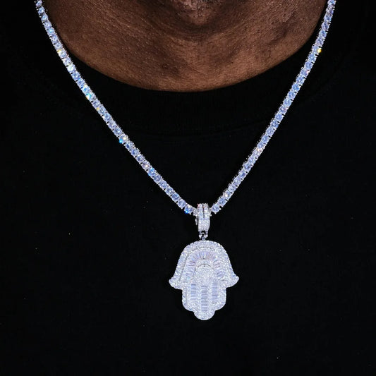 Micro Iced Out Baguette Hamsa Hand Pendant w/ 24" Tennis/Rope Chain Necklaces