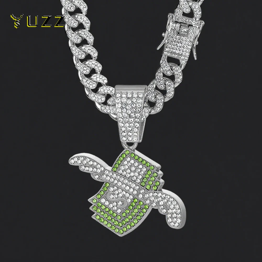 Mens Hip Hop Wings Cash Pendant Money Dollar Symbol Necklace with 20 Inch Miami Cuban Chain Necklace for Men Rapper Jewelry Gift