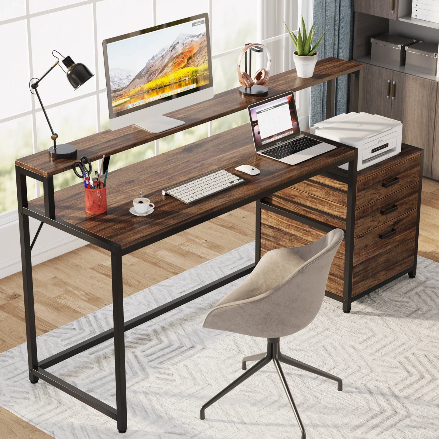 Tribesigns 63" Computer Desk with File Drawer Cabinet, Ergonomic Monitor Stand