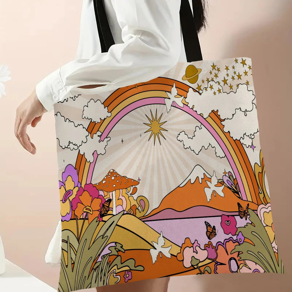 Cute Mushroom Print Shopping Bag Lady Handbag, Eco Reusable Large Tote Shop Bags