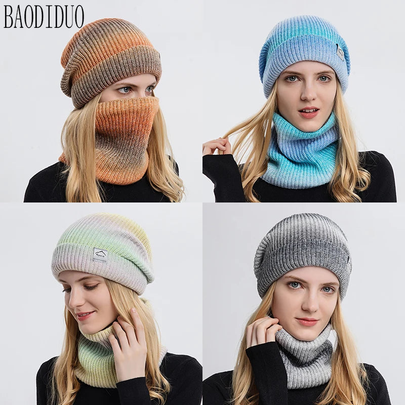 Xinbaoguan 60% acrylic 9859 Korean version gradient color thickened warm ear protection and cold proof knitted hat two-piece set