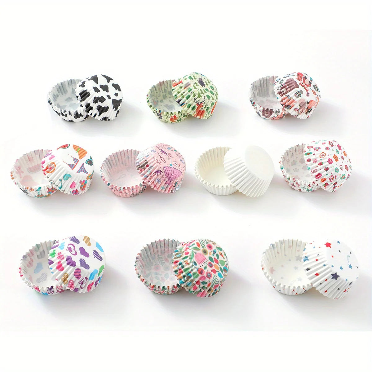 100pcs Mini Cake Liner Stand Cake Greaseproof Paper Tray Cupcake Cups, Cute Pattern, for Birthday Party Favors, Baking
