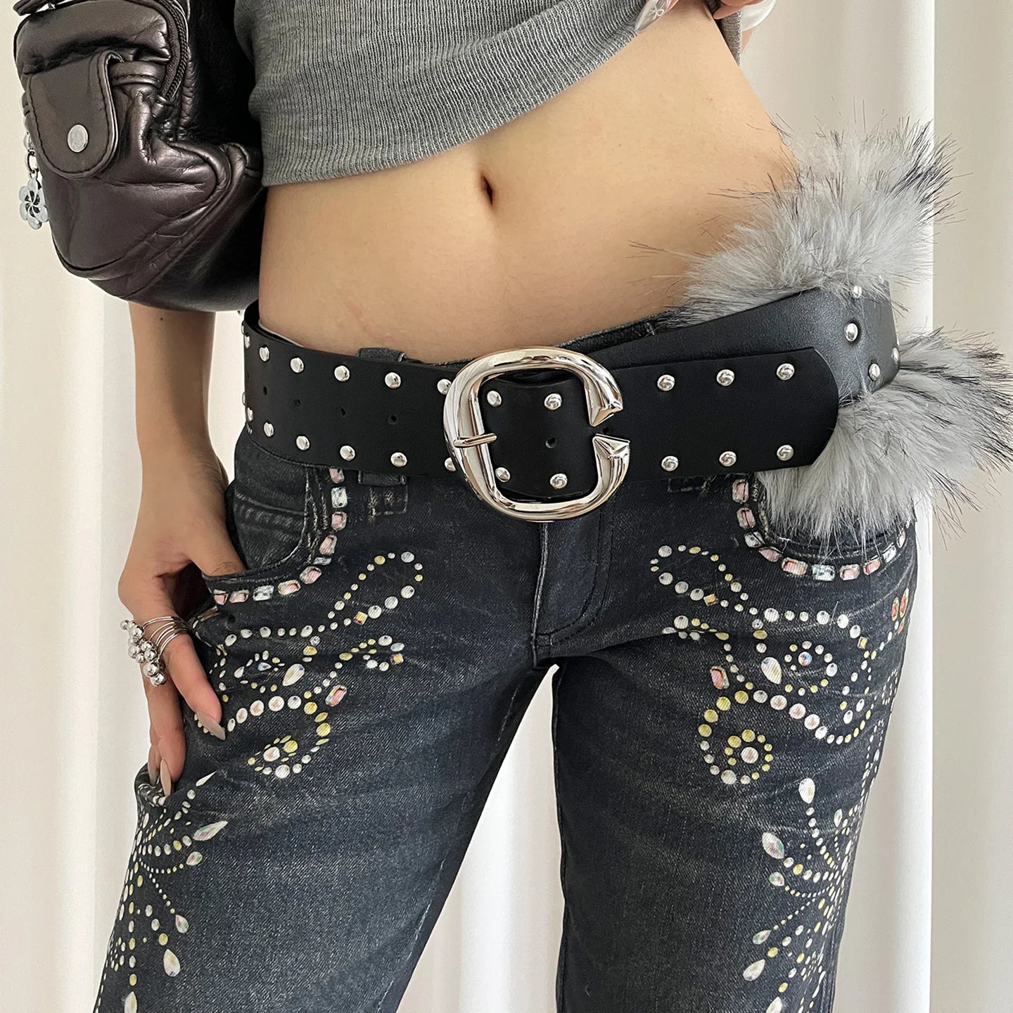High-End Faux Fur Patchwork Red Wide Belt For Women Heavy-Duty Punk Style Rivet Waist Belt With Skirt Belt