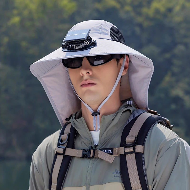 9217Ultra-wide brim sun hat, 1pc solar fan hat, waterproof bucket hat for fishing, hiking and camping