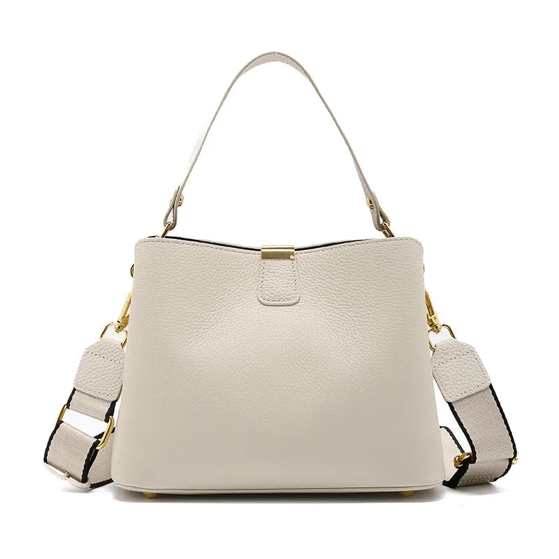 Genuine Cowhide Leather Bucket Bag for Women Luxury Designer Mini Top Handle Crossbody Shoulder Bag with Wide Strap Tote Bag