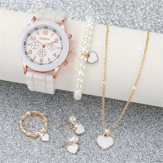 6PCS Women's Watches  Silicone Band Quartz Watch Heart Pearl Jewelry Set W/O box