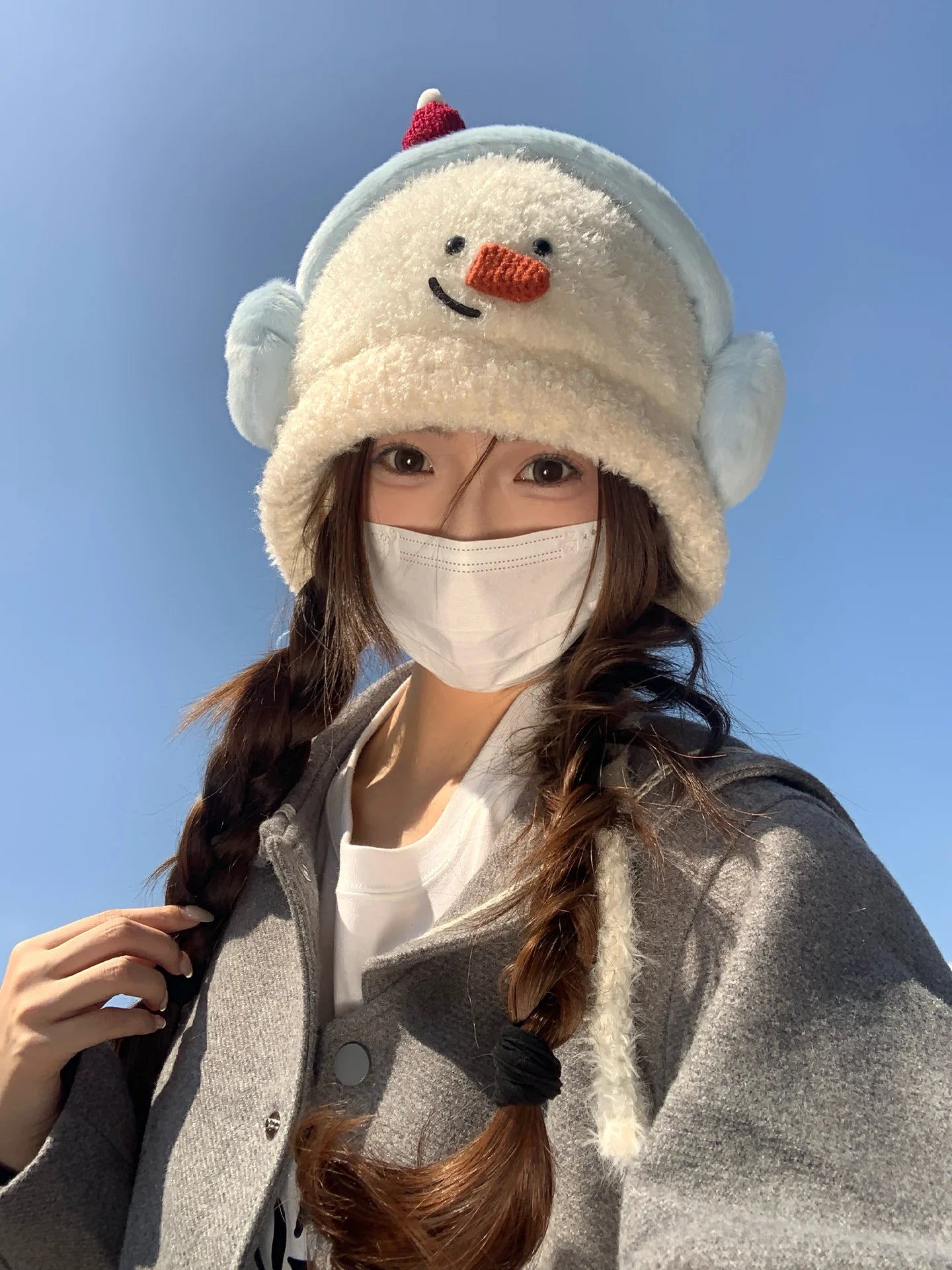 Cute Little Snowman Earmuffs Plush Hat Winter Thickening Warm Belt Adjustable Windproof Ear Protection Knitted Hat