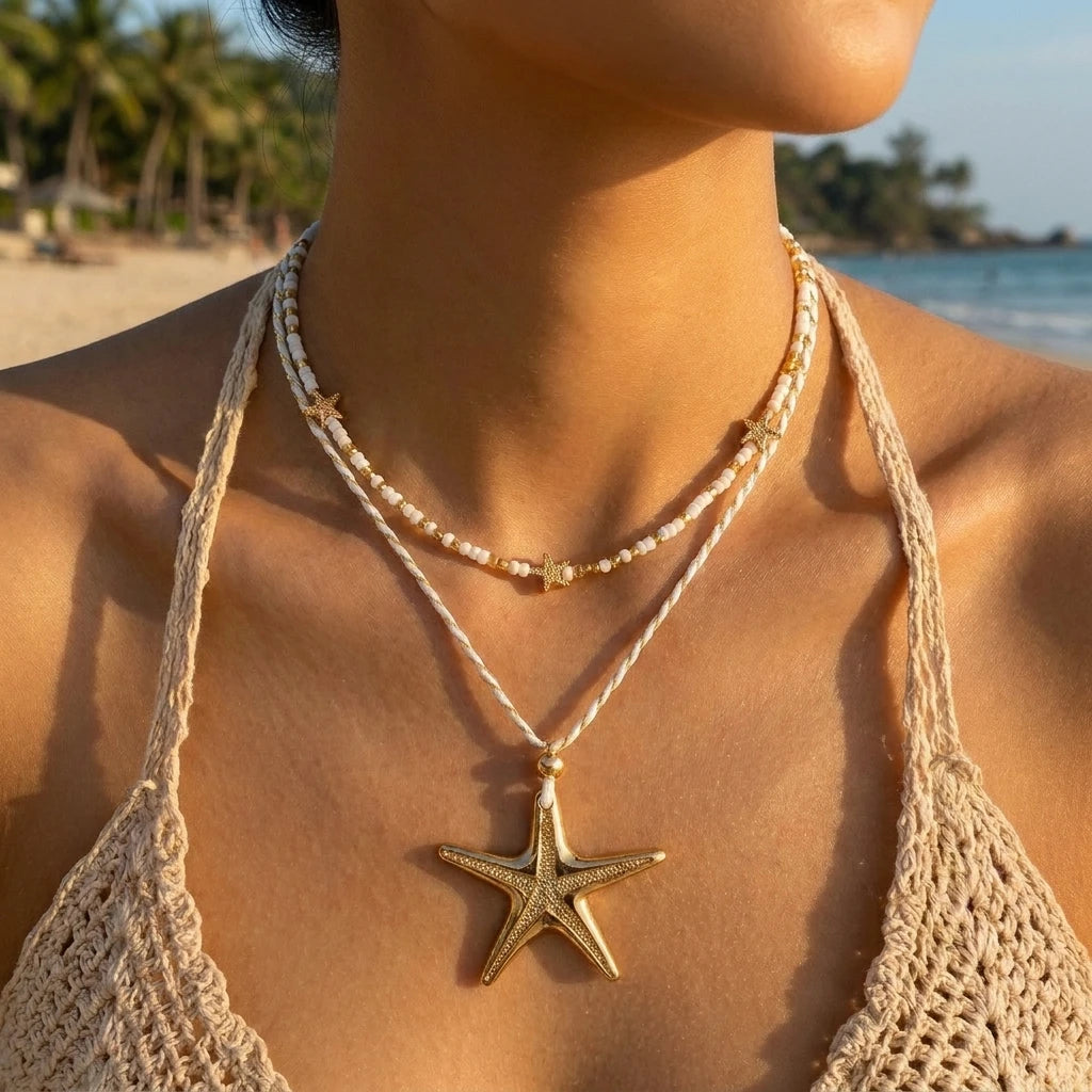 Layered Gold Starfish Pendant Necklace Women White Seed Bead Rope Cord Choker Boho Beach Summer Vacation Jewelry