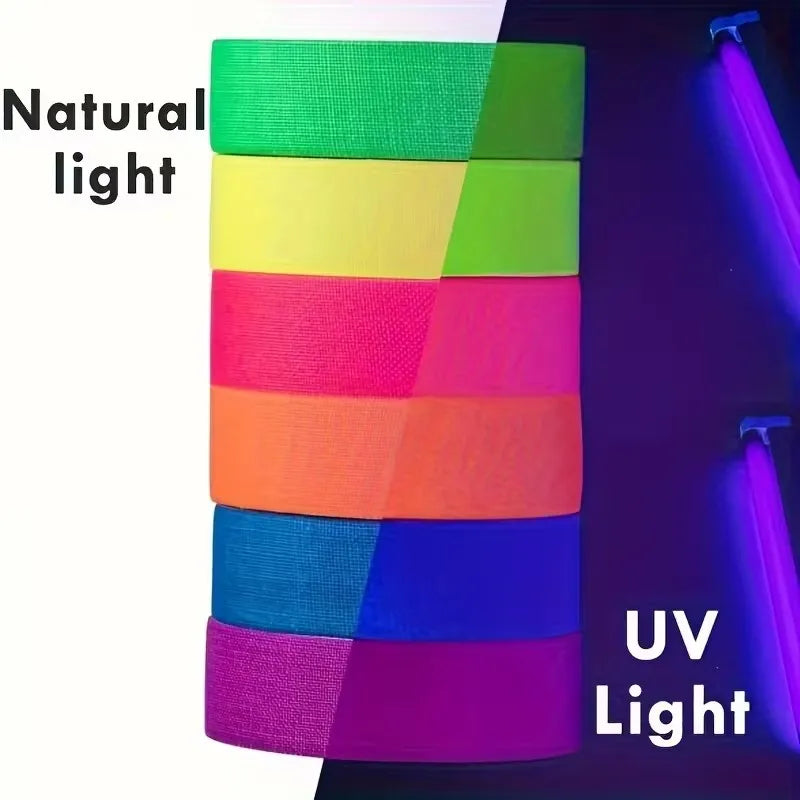 6roll Neon Cloth Tape - Self-Adhesive Fluorescent Neon Strips, Glow Under UV Light, for Black Light Parties & Night Glow Effects
