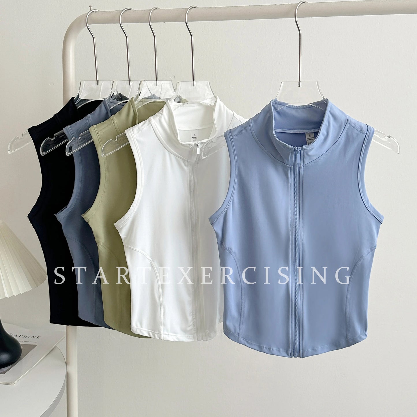 Women Zip Up Sleeveless Tank Tops Stand Collar Slim Sports Vest Solid Color Workout Running Yoga Crop Tops