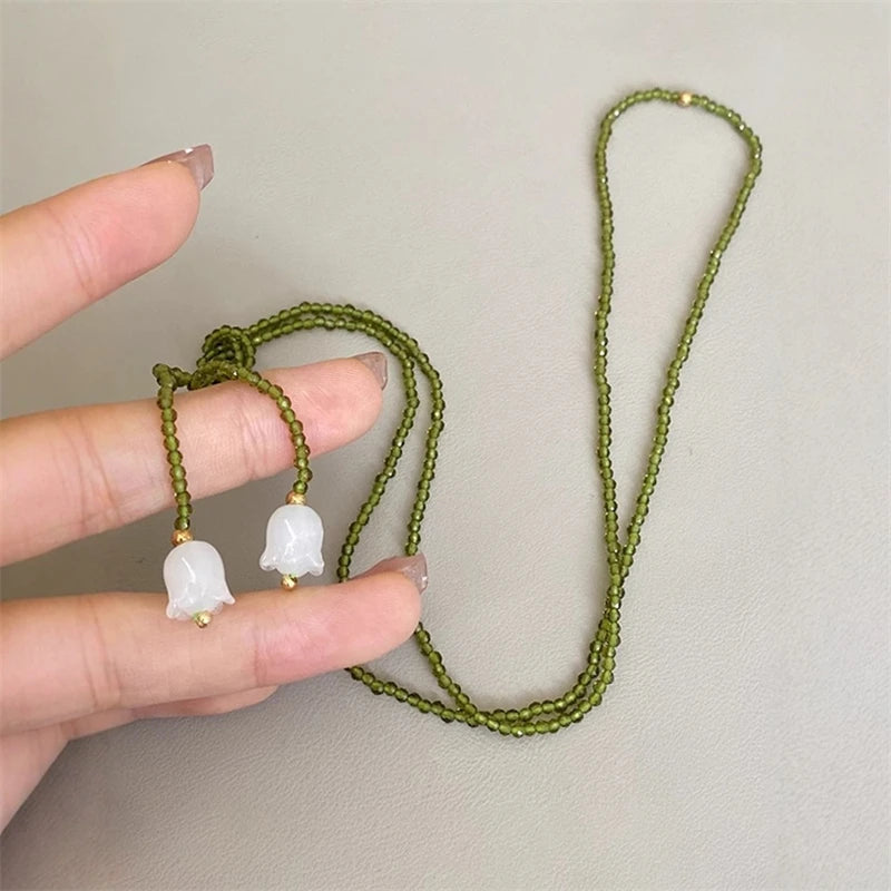 New Elegant Lily of The Valley Pendant Necklace Women Green Crystal Beads Sweater Chain Long Necklace Fashion Jewelry Collares