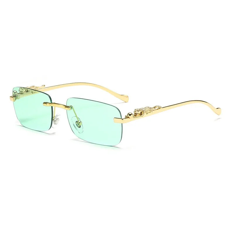 Rimless Square Fashion Fashion Glasses with Leopard Print Accents, Golden - Tone Metal Frame, Gradient Lenses