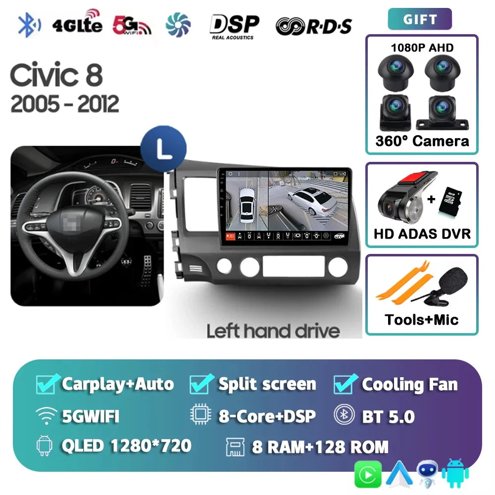 For Honda Civic 8 2005 - 2012 Android 15 Carplay Auto 4G WIFI Car Radio Multimedia Stereo Video Player GPS Navigation Plug and P