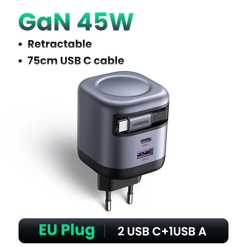 45W GaN Retractable Cable Charger UFCS PPS QC PD 3.0 iPhone 16 15Pro Samsung S25