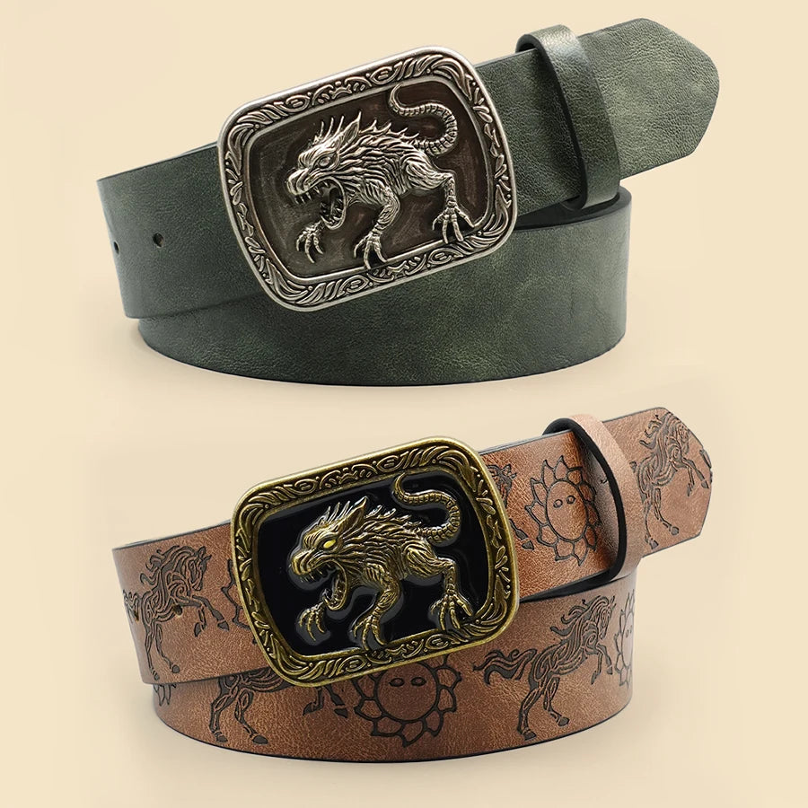 Western Cowboy Street Style Belt - Monster Motif Carved Vintage Print for Daily Wear, Commute & Casual Outfits