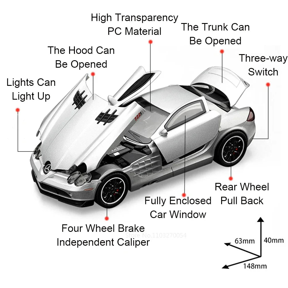 1:32 GT Sports Car SLR 772S Diecast Alloy Model Toys Doors Opened with Sound Light Pull Back Miniature Vehices for Children Gift