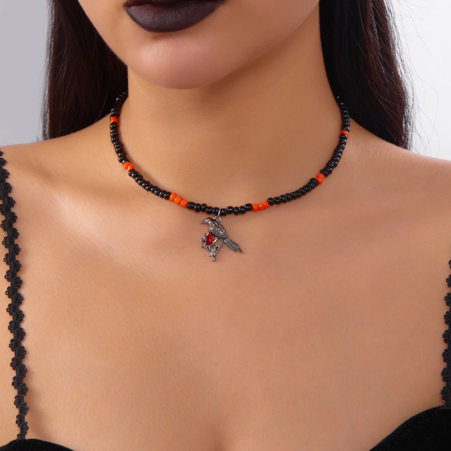 Simple Mixed Color Rice Beads Necklace for Women Gothic Dark Spider Bat Pumpkin Skull Pendant Necklace Halloween Jewelry Gift