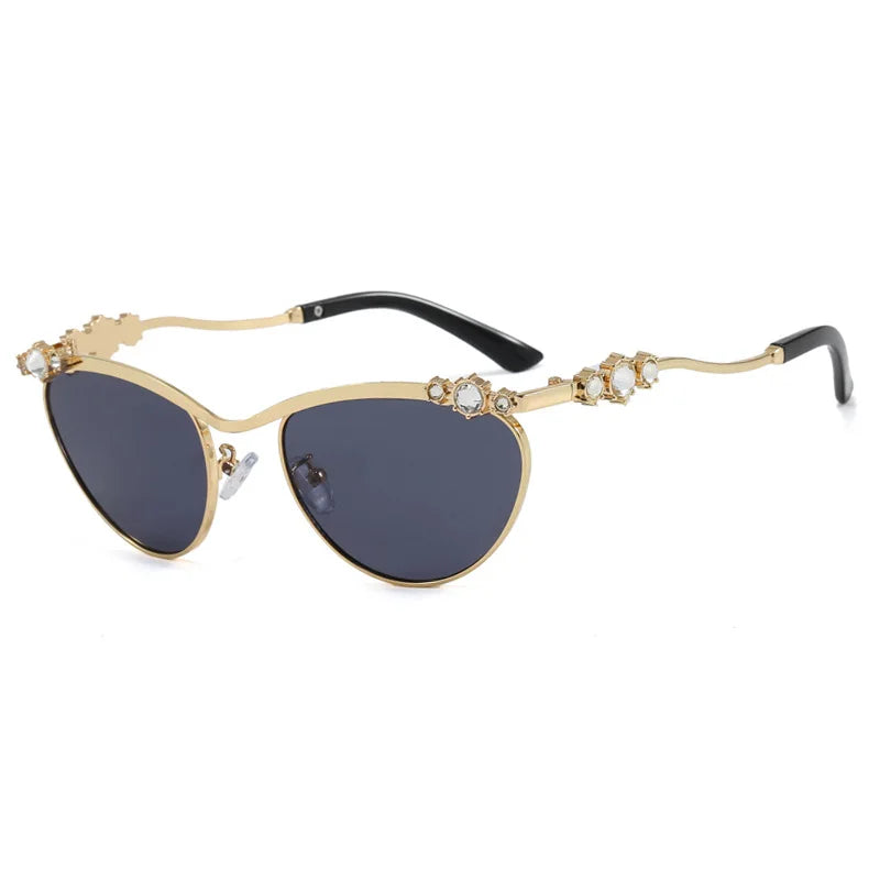 JNPCXI Cat Eye Punk Rhinestones Sunglasses Women Luxury Brand Metal Frame Sun Glasses for Lady Fashion Outdoor Eyewear Shades
