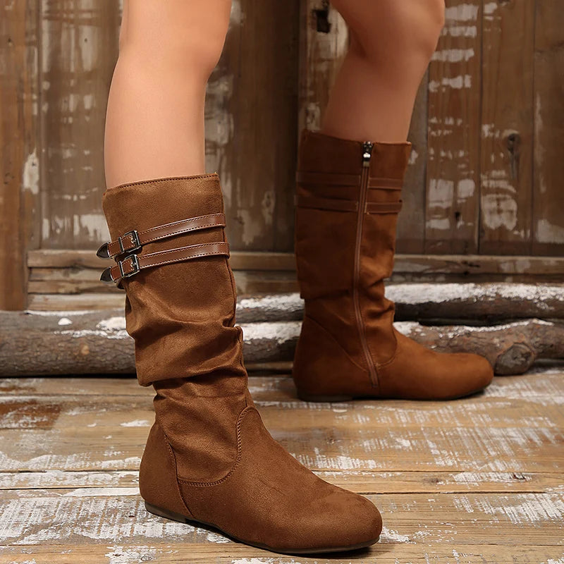Plus Size 43 Flock Mid Calf Boots Women Fashion Buckle Pleated Low Heels Western Boots Woman Vinatge Zipper Round Toe Flat Botas