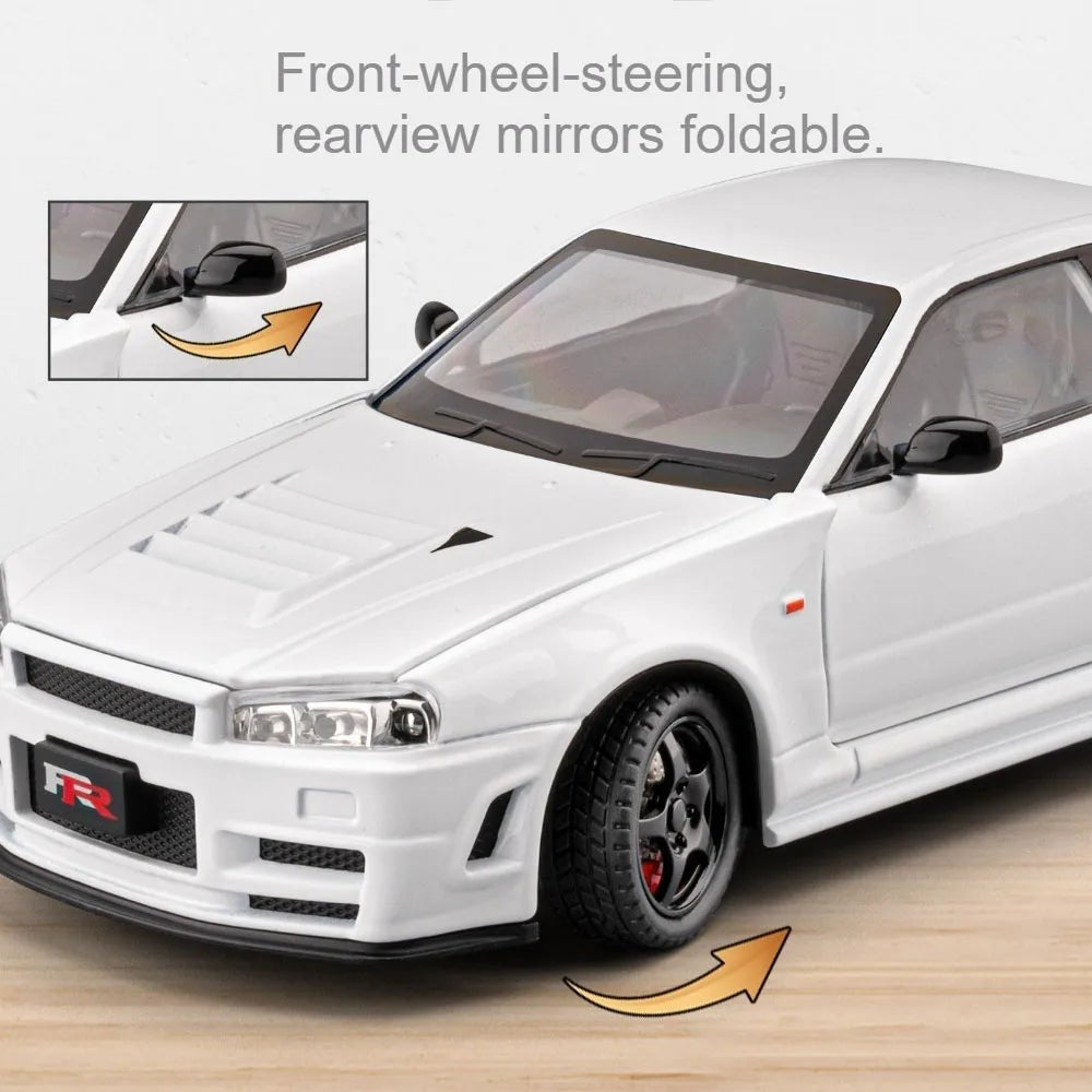 1:24 GTR-R34 SKYLINE Diecast Alloy Models Toys Car with Pull Back Doors Opened rubber tires Miniature Sportscar Collecting Hobby