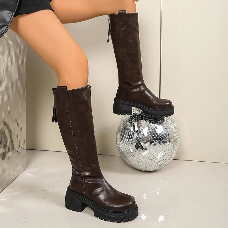Pu Lrather Chunky Platform Knee High Boots Women Plus Size 42 Thick Bottom Motorcycle Boots Woman Back Zipper Punk Long Botas