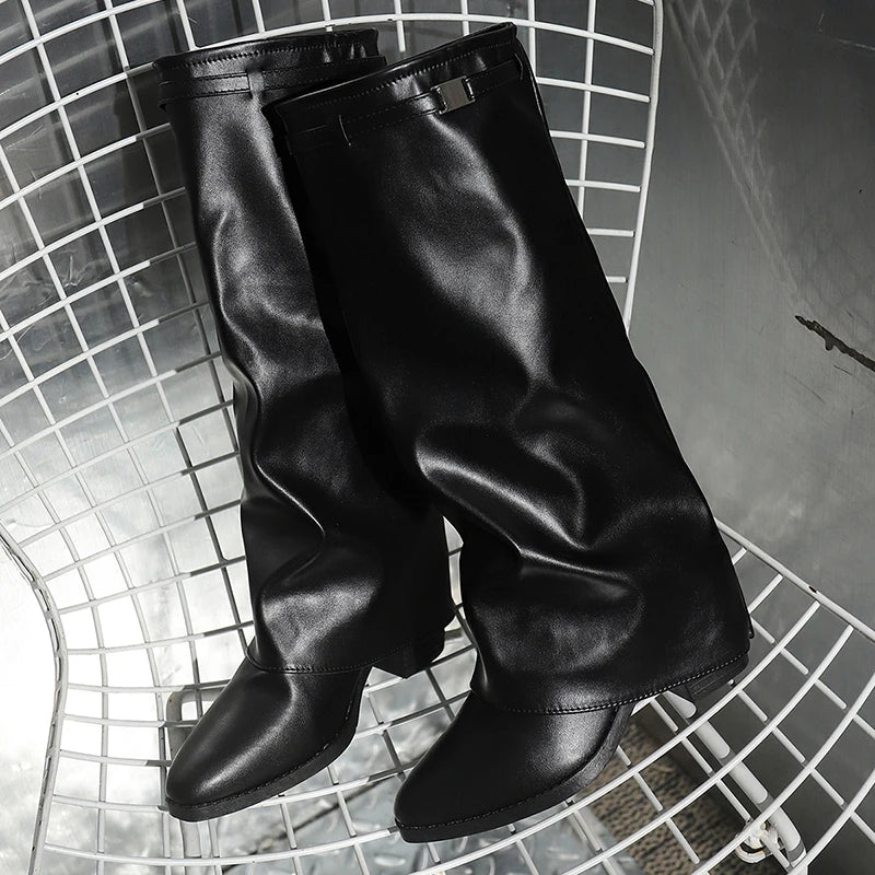 Fashion Wide Leg Knee High Boots Women Autumn Winter Slip On High Heels Pants Boots Woman Pu Leather Long Botas Plus Size 36-43