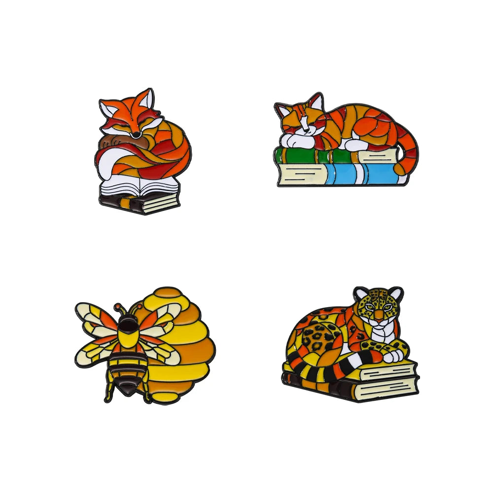4 PCS Colorful Fox Enamel Pins Cute Cartoon Glass Style Brooches for Backpacks Animal Lapel Badges for Fox Lovers & Bookish Gift
